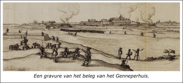 Deze ets toont het beleg van het Genneperhuis in 1641 door Frederik Hendrik, gezien vanaf de Oefeltse kant van de Maas Ets van het beleg van het Genneperhuis door Frederik Hendrik