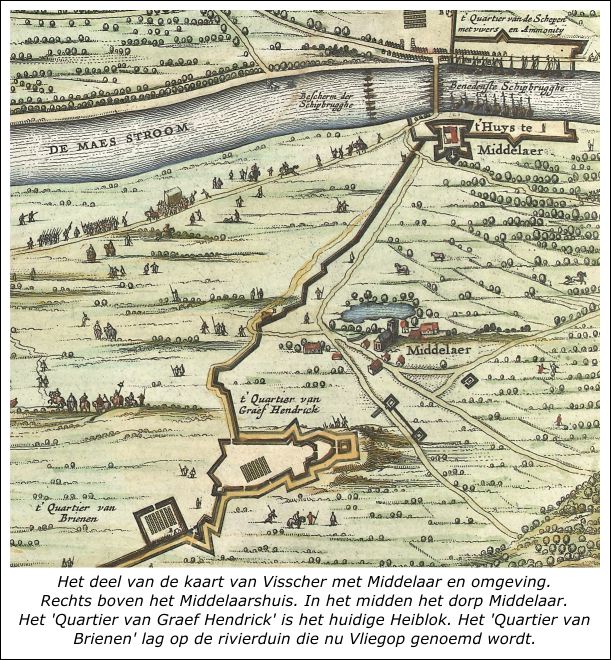 Het Middelaars Huis, een verdedigingswerk en het kamp van Brienen in de circumvallatielinie bij Middelaar Kaart Visscher met de circumvallatielinie bij Middelaar