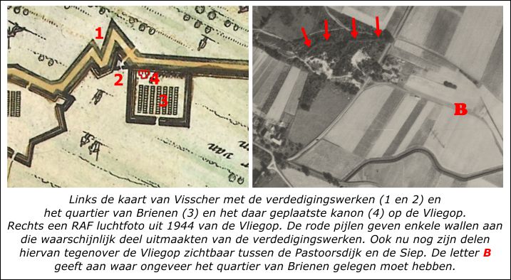 De ligging van de circumvallatielinie bij de Vliegop in Middelaar op de kaart van Visscher en op een luchtfoto De circumvallatielinie bij de Vliegop bij Middelaar