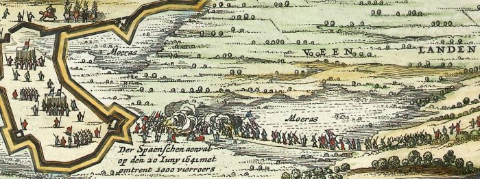De Spaanse aanval bij Milsbeek weergegeven op de kaart van Visscher Spaanse aanval bij Milsbeek