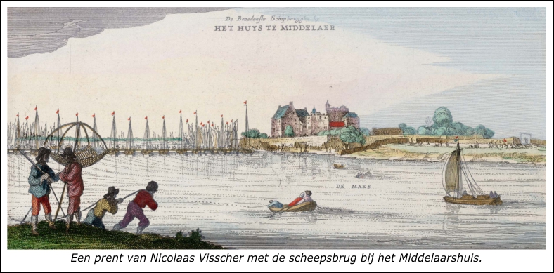 Prent van schipbrug Middelaar Prent van de schipbrug bij Middelaar