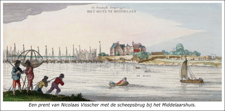 Prent van de schipbrug bij Middelaar