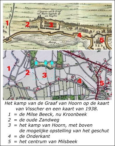 De ligging van het kamp van de Graaf van Hoorn bij de circumvallatielinie in Milsbeek
