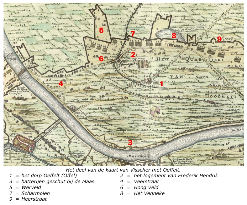 De kaart van Visscher met het verblijf van Frederik Hendrik en de circumvallatielinie bij Oeffelt