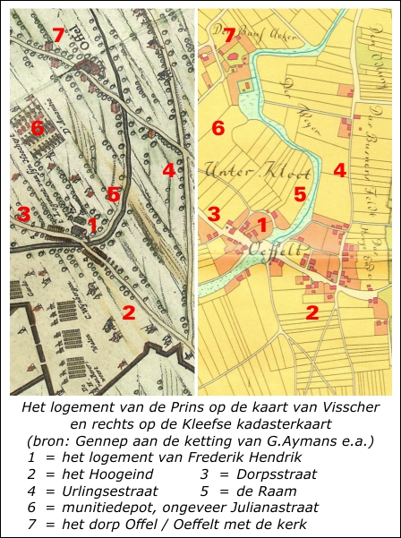 De kaart van Visscher en de Kleefse kadasterkaart met de plek van het logement van Frederik Hendrik bij Oeffelt