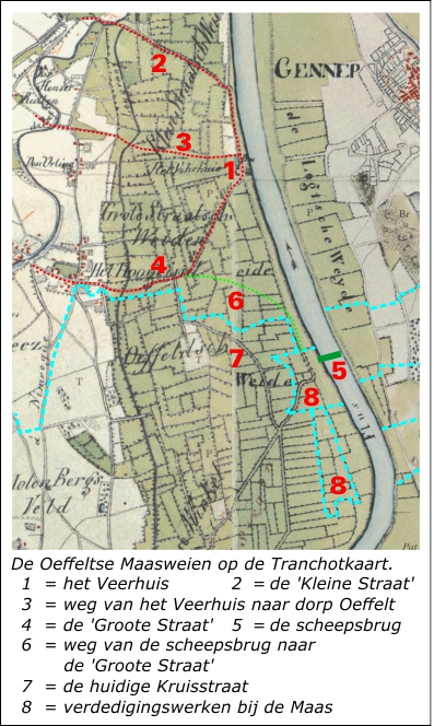 De Veerweg bij Oeffelt De Tranchotkaart toont de wegen van de Maas naar het dorp Oeffelt en het verblijf van Frederik Hendrik