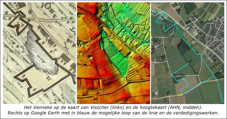 De kaart van Visscher, het AHN en Google Earth tonen de circumvallatielinie bij het Venneke